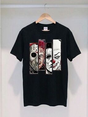 Classic Horror Movie Villains Graphic T-Shirt Spooky Slasher Black Tee